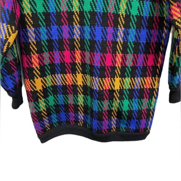 Vintage 100% Lambswool Plaid Cardigan Sweater Small Black Multicolor V-Neck - Picture 8 of 13